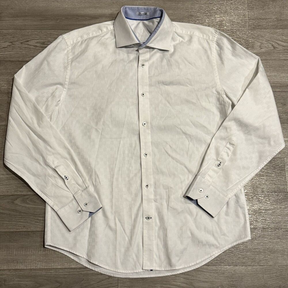Bugatchi Uomo Shirt Mens Medium White Contrast Cuff Collar Shaped Fit Button Up